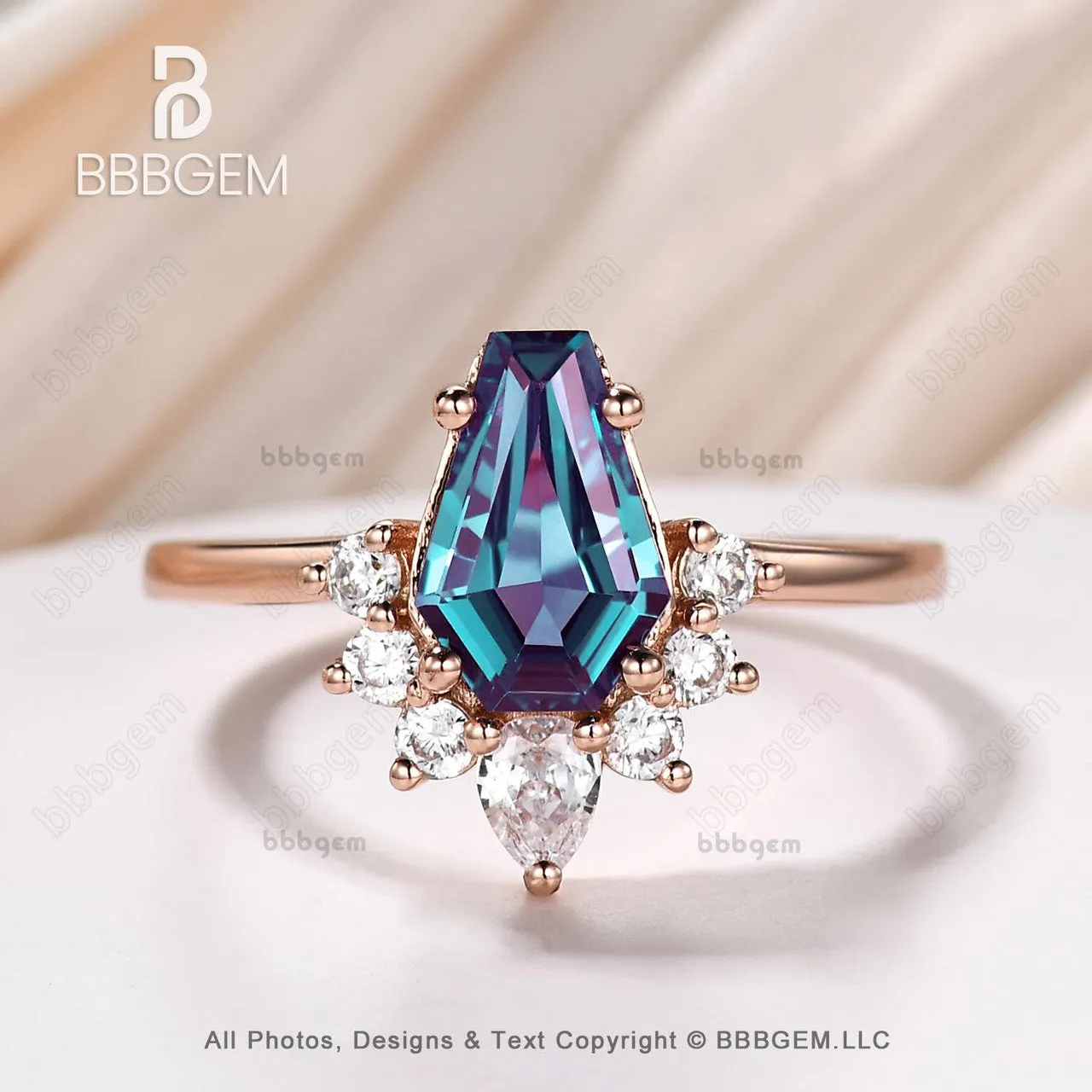 Rose Gold Coffin Alexandrite Engagment Ring Set Vintage Open Gap Black Spinel Band For Women Anniversary Gifts