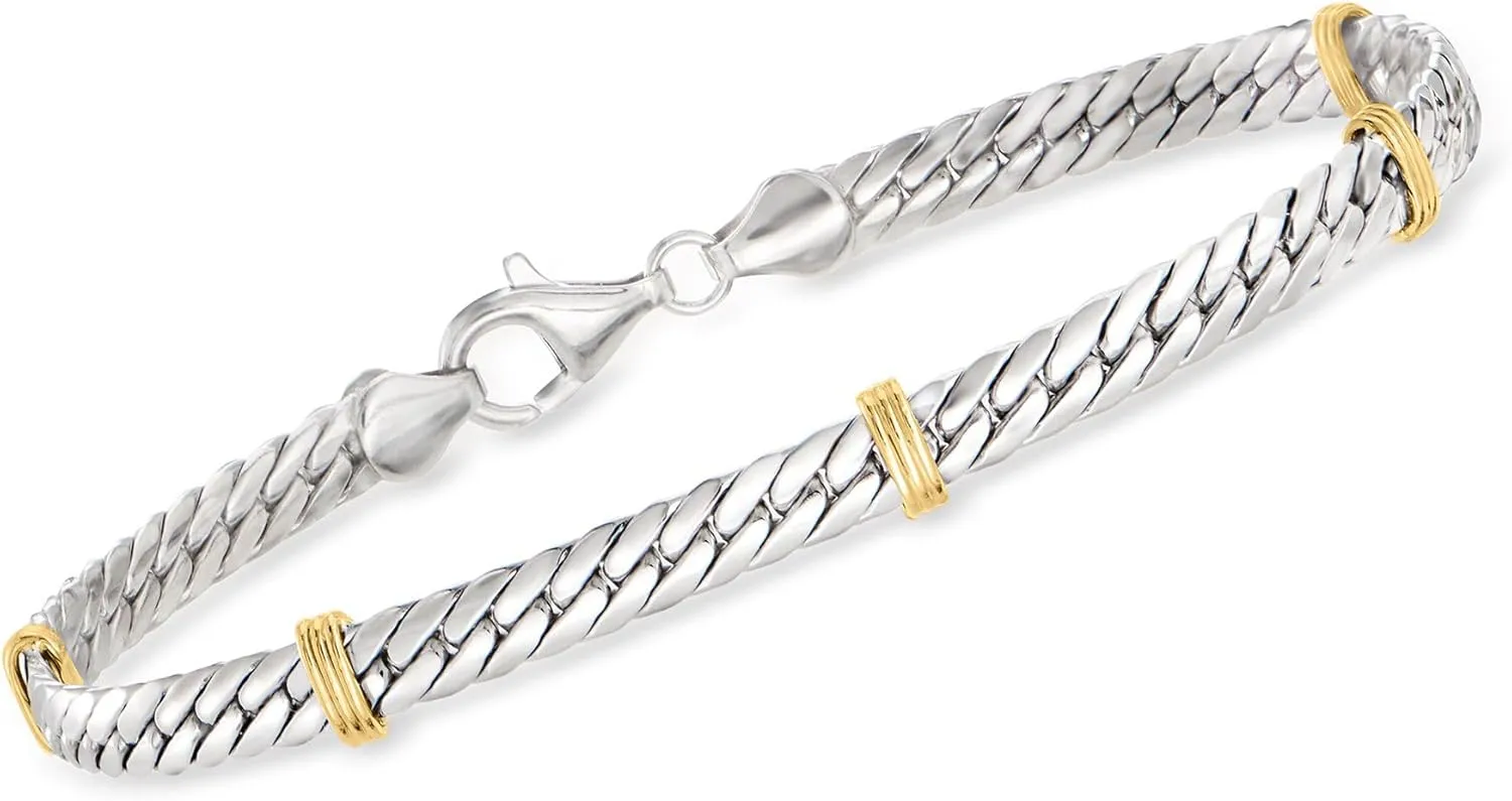 Ross-Simons Sterling Silver and 14kt Yellow Gold Cuban-Link Bracelet