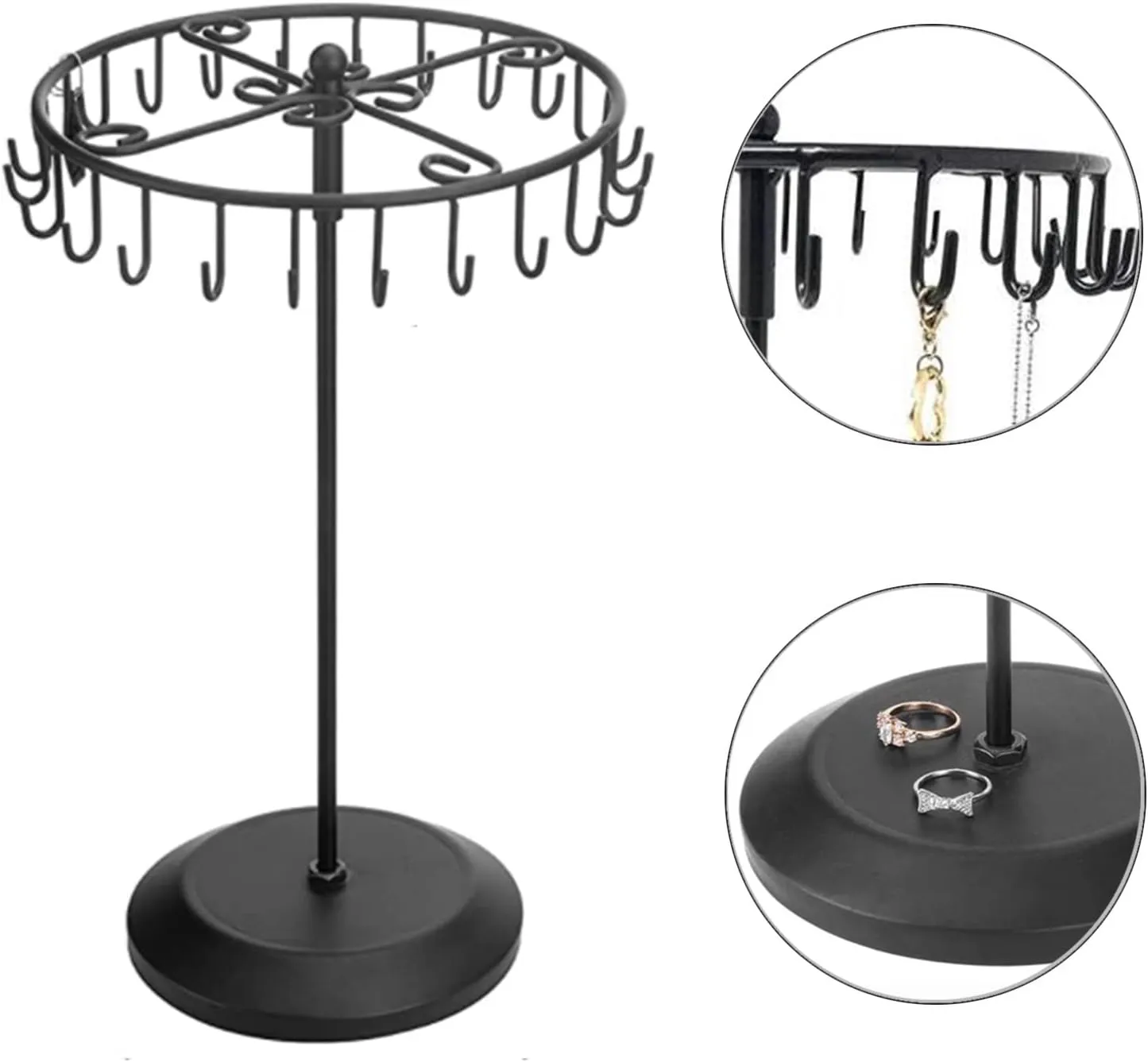 Rotating Necklace Holder Jewelry Organizer Display Stand 15.7-Inch with 23 Hooks (long-black)