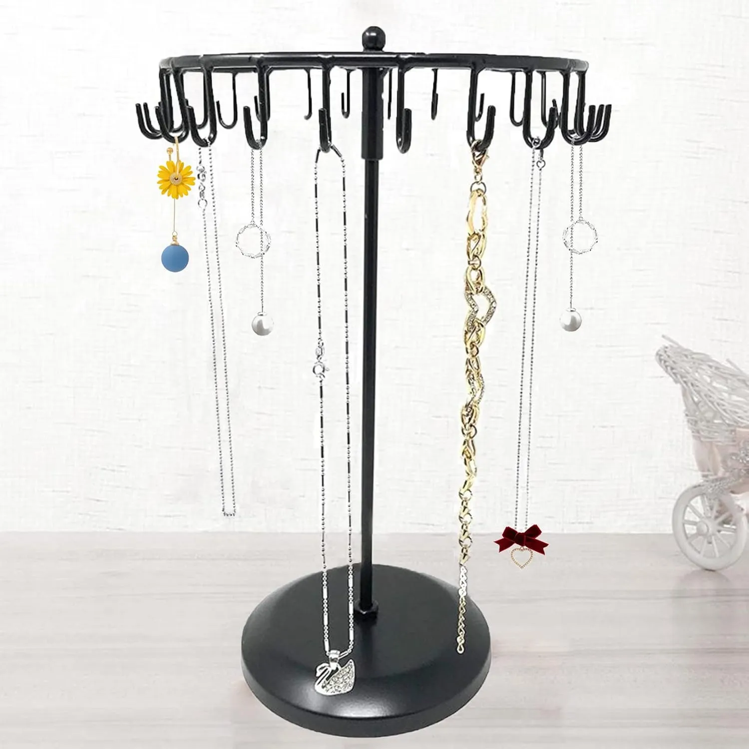 Rotating Necklace Holder Jewelry Organizer Display Stand 15.7-Inch with 23 Hooks (long-black)