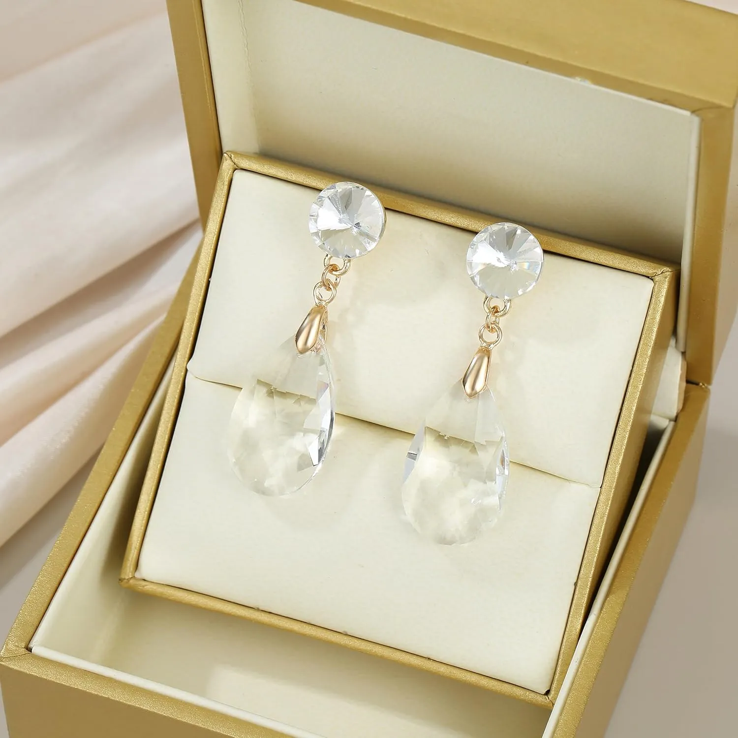 Round and Teardrop Crystal Stud Dangle Earrings Hypoallergenic Gold Plated Birthstone Drop Earrings Trendy Evening Prom Pageant Jewelry Gift for Women