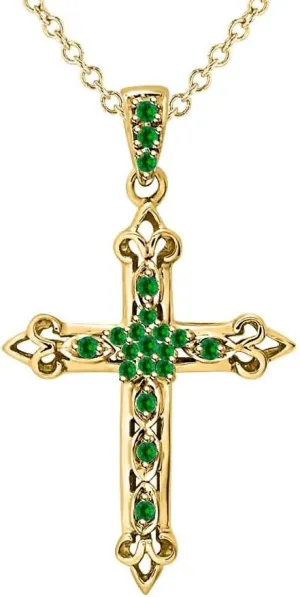 Round Cut 14k Gold Over .925 Sterling Silver Green Emerald Fleur-de-lis Cross Pendant Necklace Christmas Special For Womens.