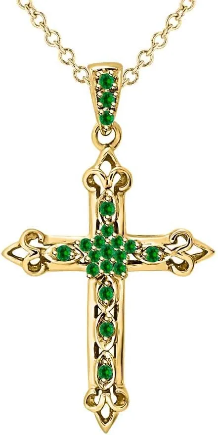 Round Cut 14k Gold Over .925 Sterling Silver Green Emerald Fleur-de-lis Cross Pendant Necklace Christmas Special For Womens.