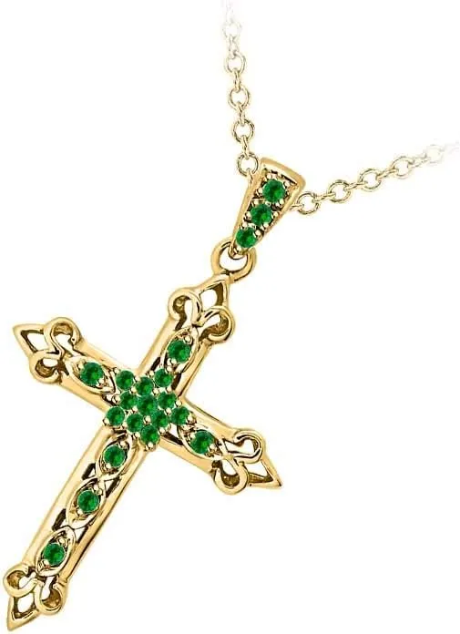 Round Cut 14k Gold Over .925 Sterling Silver Green Emerald Fleur-de-lis Cross Pendant Necklace Christmas Special For Womens.