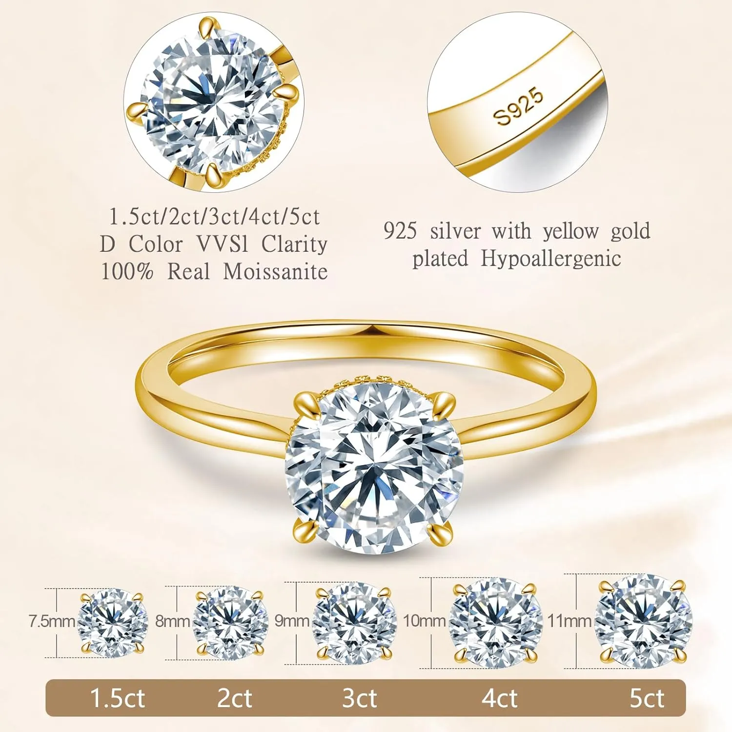 Round Moissanite Engagement Rings for Women, Women's 18K Yellow/White Gold Plated 925 Sterling Silver Engagement Ring Moissanite Promise Rings for Her,Wedding Band Ring 1.5/2/3/4/5CT.