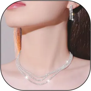 Rrdaily Crystal Bridal Wedding Earrings Necklace Set for Women Layered Sparkling Rhinestone Choker Necklace Gold Dangle Drop Earrings Jewelry Gift