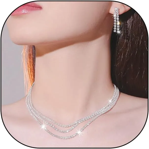 Rrdaily Crystal Bridal Wedding Earrings Necklace Set for Women Layered Sparkling Rhinestone Choker Necklace Gold Dangle Drop Earrings Jewelry Gift