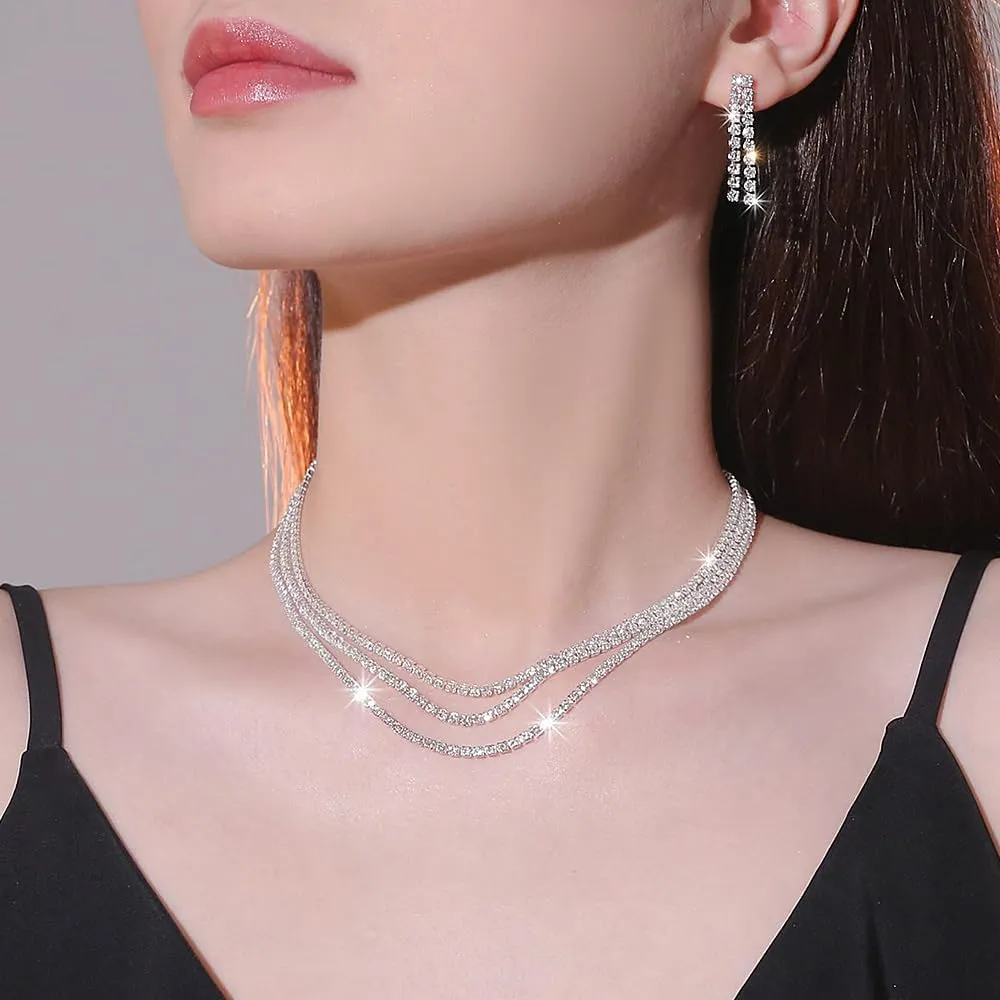 Rrdaily Crystal Bridal Wedding Earrings Necklace Set for Women Layered Sparkling Rhinestone Choker Necklace Gold Dangle Drop Earrings Jewelry Gift