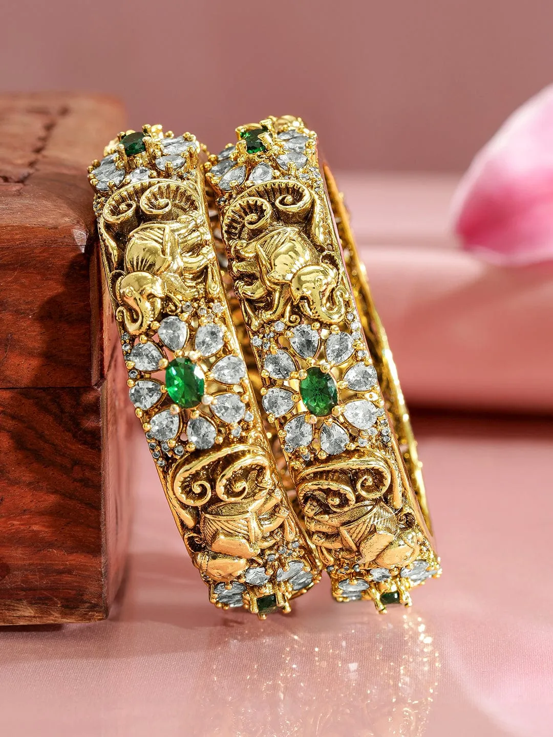 Rubans Pack Of 2 24K Gold-Plated Cubic Zirconia Studded Bangles