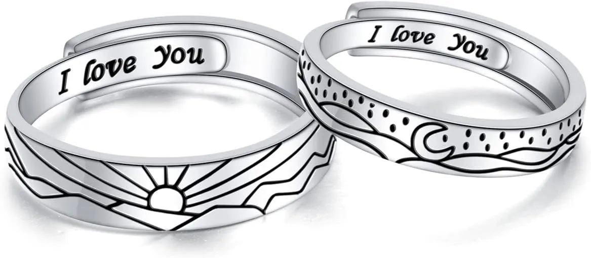 S925 Sterling Silver Couple Rings Set Adjustable Matching Rings Engagement Promise Wedding Gift for Couples Wife Husband