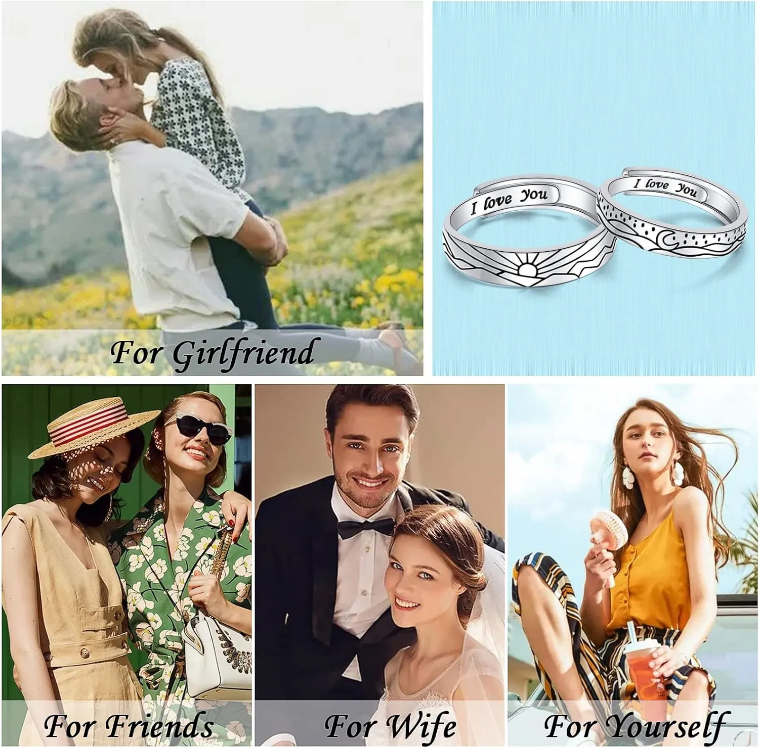 S925 Sterling Silver Couple Rings Set Adjustable Matching Rings Engagement Promise Wedding Gift for Couples Wife Husband