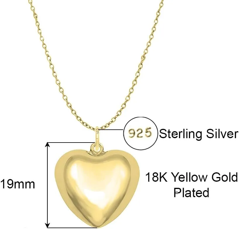 Savlano 925 Sterling Silver Puffy Hallow Heart Pendant Necklace -18K Gold Plated Love Charm Chain for Women Comes with Gift Box- Made in Italy
