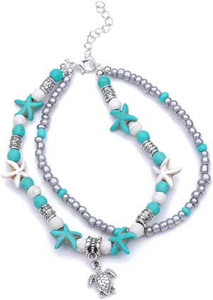 Sea Turtle Starfish Beach Shell Leg Anklet Ankle Bracelet for Women Boho Barefoot Sandals Bracelets(style1)