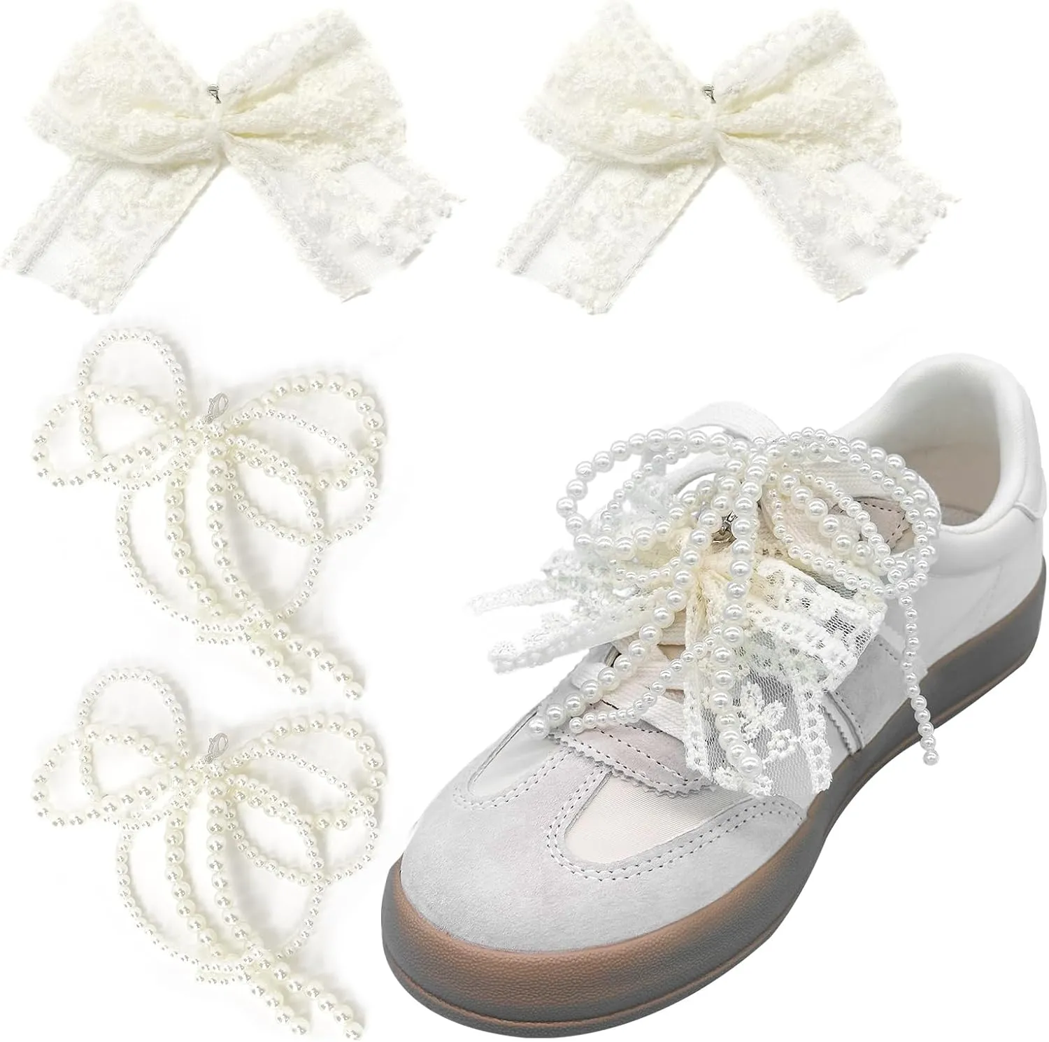 Shoe Charms for Sneakers, Elegant Pearl Bowknot Shoelace Decoration Clip Charms for Sambas Dress Shoes DIY Shoe Accessories for Women Girls