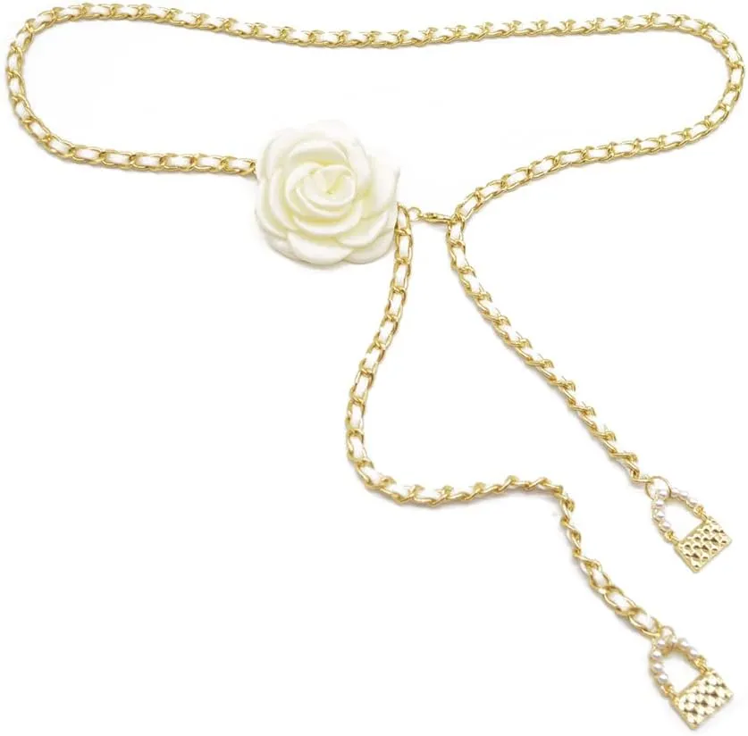 Silk Camellia Flower Waist Chain for Women Girls Faux Pearls Metal Lock Long Tassel Belt Body Belly Chains for Dress Jeans Fashion Jewelry