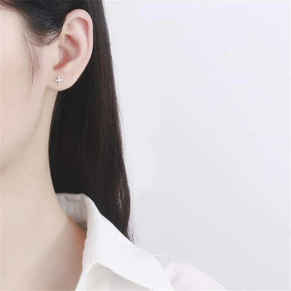 Silver Cross Earrings 925 Sterling Silver Trendy Dainty Cute Cubic Zirconia Screw Back Nickel Free Small Stud Earrings for Women Men