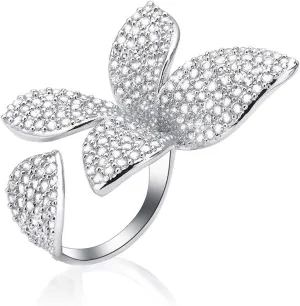 Silver Double Finger Ring, Statement Big Butterfly Open Adjustable Rings Silver Full CZ Flower Cocktail Rings Jewelry