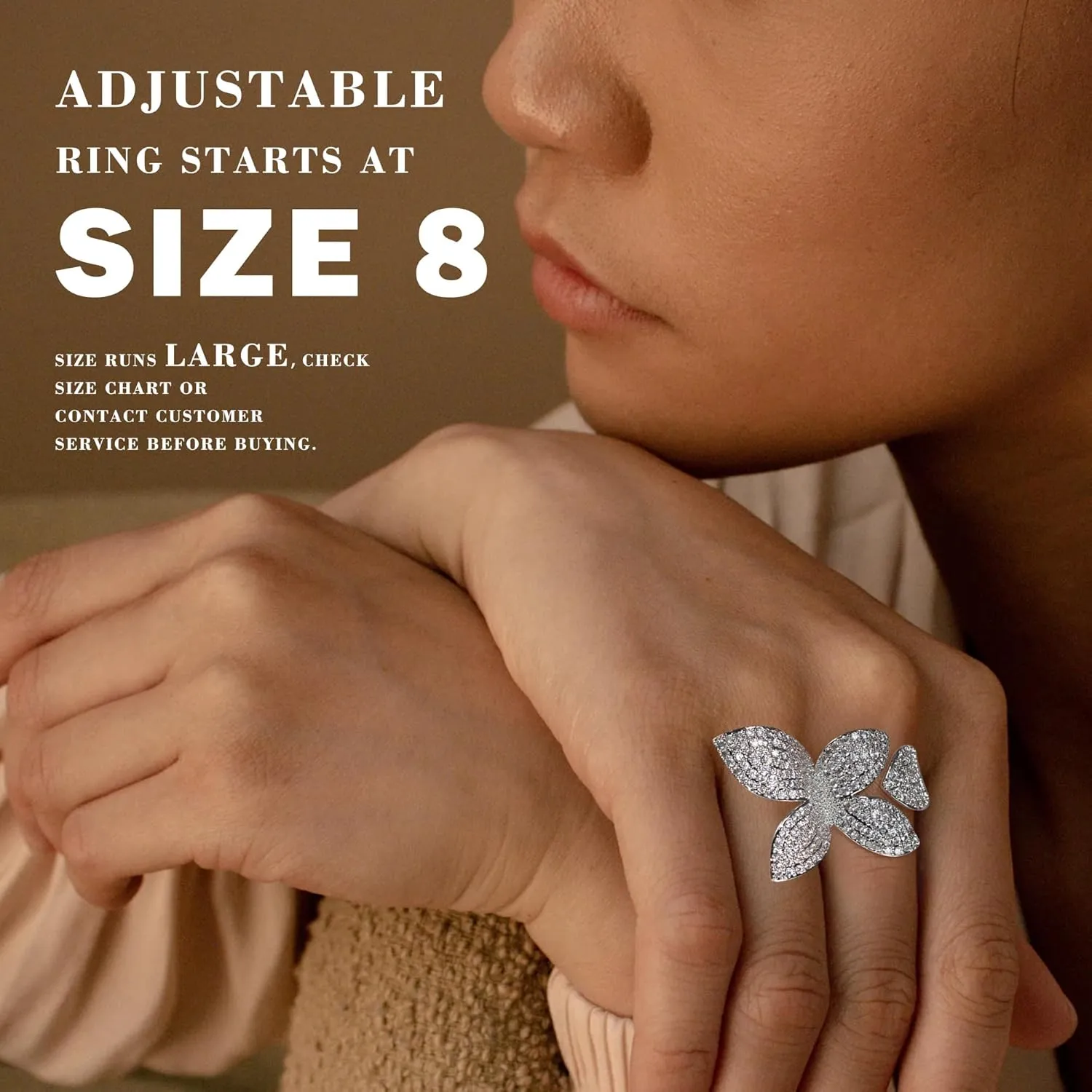 Silver Double Finger Ring, Statement Big Butterfly Open Adjustable Rings Silver Full CZ Flower Cocktail Rings Jewelry