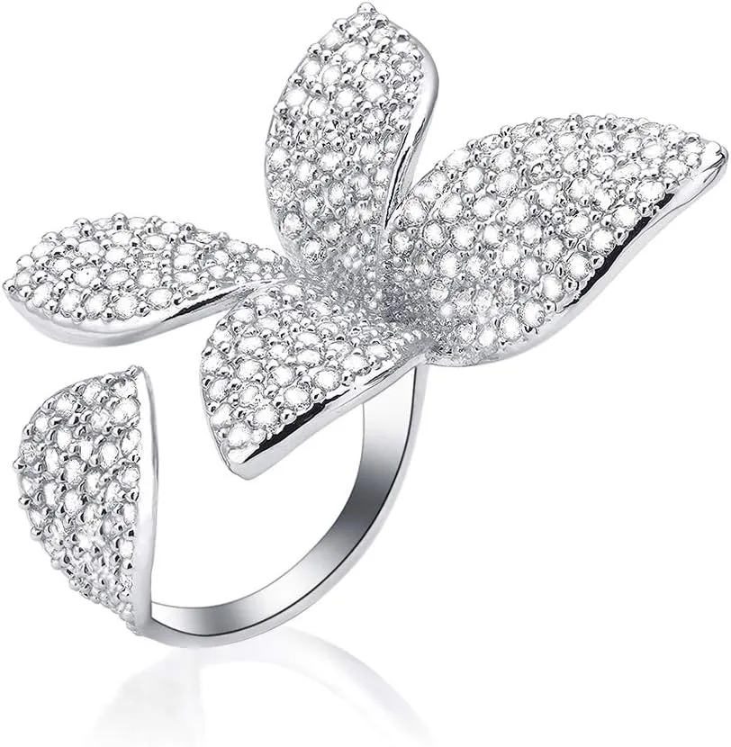 Silver Double Finger Ring, Statement Big Butterfly Open Adjustable Rings Silver Full CZ Flower Cocktail Rings Jewelry