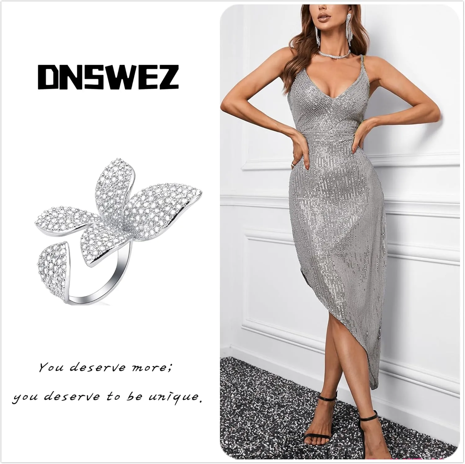 Silver Double Finger Ring, Statement Big Butterfly Open Adjustable Rings Silver Full CZ Flower Cocktail Rings Jewelry
