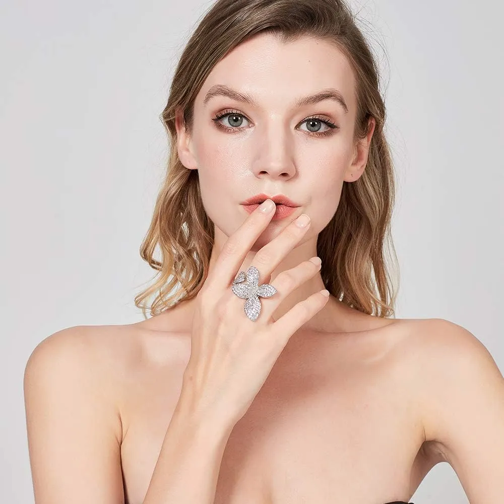 Silver Double Finger Ring, Statement Big Butterfly Open Adjustable Rings Silver Full CZ Flower Cocktail Rings Jewelry