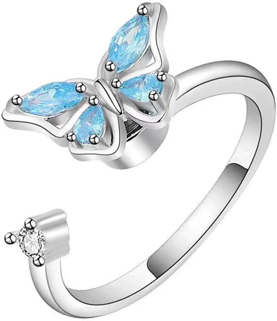 Silver Evil Eye Ring, Butterfly Decorated Rotable Open Ring, Quickly Rotating and Decompressing Statement Rings Rings For Women Jewelry Gifts
