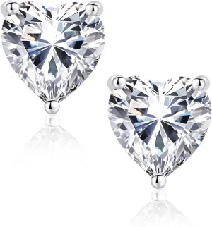 Silver Heart Cubic Zirconia Earrings Studs, 7MM CZ Stud Earrings for Women 925 Sterling Silver Post, Sparkling Hypoallergenic Heart Shape Princess Cut Jewelry for Women
