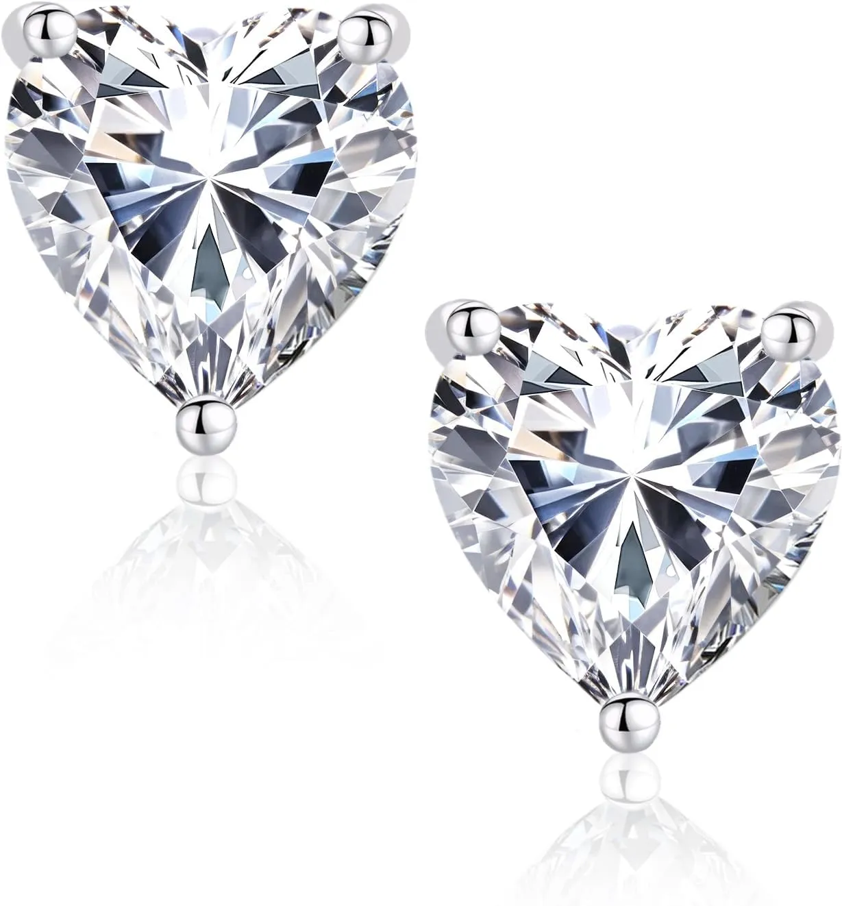 Silver Heart Cubic Zirconia Earrings Studs, 7MM CZ Stud Earrings for Women 925 Sterling Silver Post, Sparkling Hypoallergenic Heart Shape Princess Cut Jewelry for Women