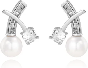 Silver Pearl Earrings for Women Trendy,CZ White Pearl Unique Stud Earrings Dainty Earrings Simple Minimalist Earrings Hypoallergenic Earring for Women