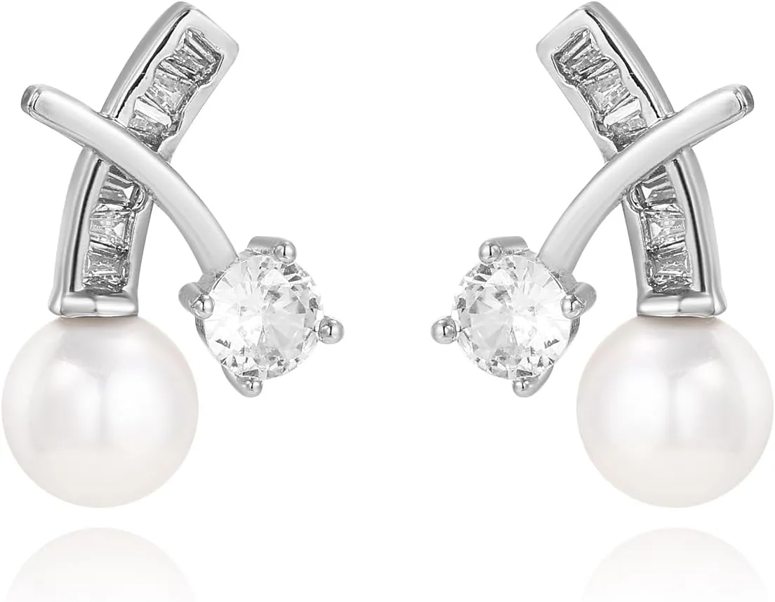 Silver Pearl Earrings for Women Trendy,CZ White Pearl Unique Stud Earrings Dainty Earrings Simple Minimalist Earrings Hypoallergenic Earring for Women