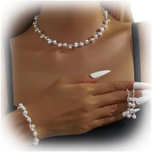 Silver Rhinestone Pearl Necklace Sets for Wedding Brides Bridesmaid Crystal Necklace Earrings Bracelet Set Sexy Pearl Collar Necklace Elegant Pearl Earrings Bracelet Sets for Women Costume Accessoriesy