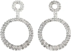Silver Rhinestone Round Earrings for Bridal Bohemia Vintage Large Circle Crystal Dangle Earrings Sparkling Geometric Drop Earrings Wedding Jewelry Gift