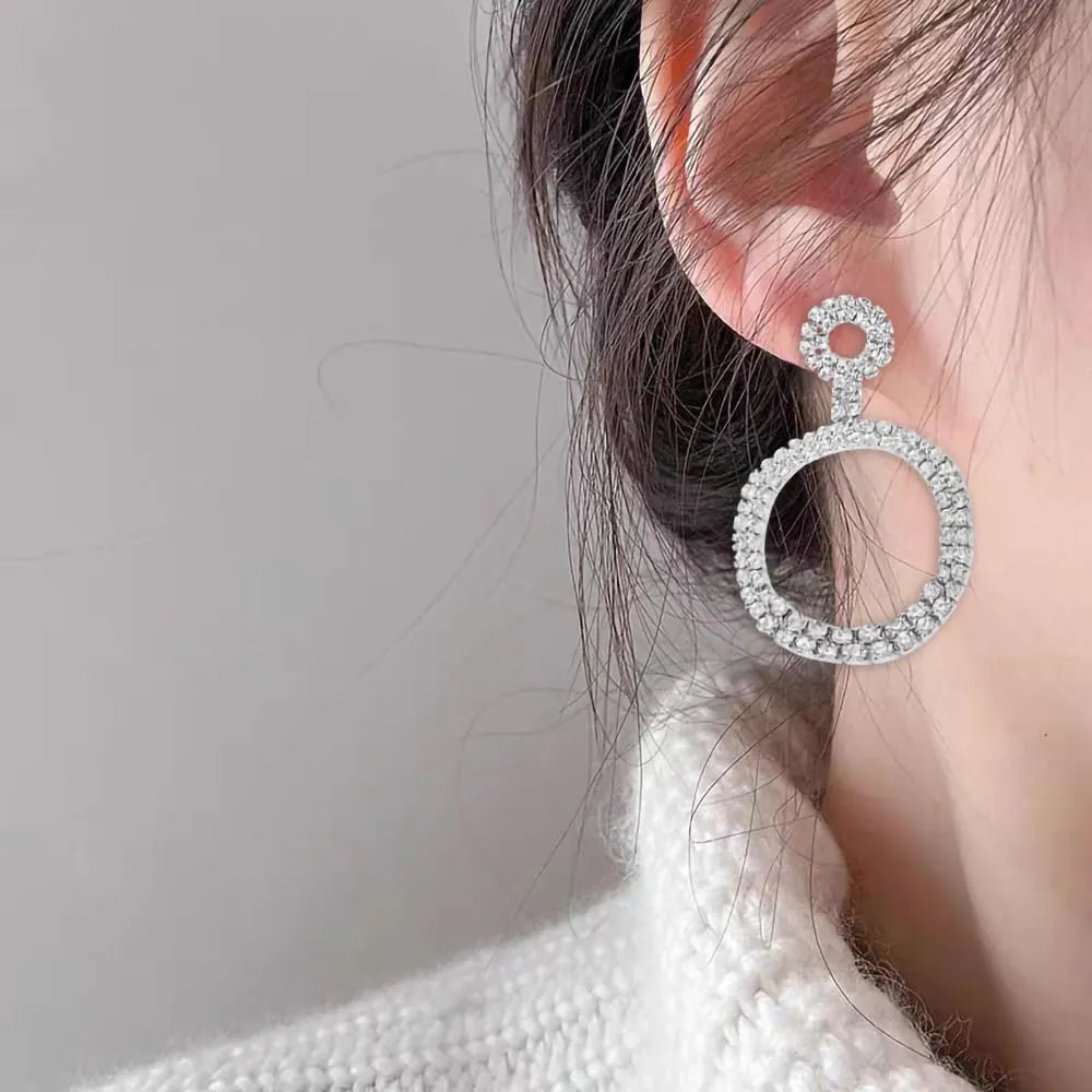 Silver Rhinestone Round Earrings for Bridal Bohemia Vintage Large Circle Crystal Dangle Earrings Sparkling Geometric Drop Earrings Wedding Jewelry Gift