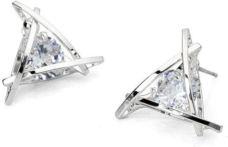 Silver Triangle Stud Earrings for Women Hollow Sparkling Round Cut Cubic Zirconia earrings, 0.5in Small Size