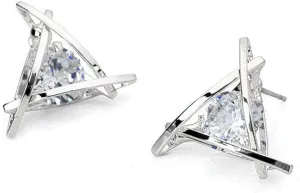 Silver Triangle Stud Earrings for Women Hollow Sparkling Round Cut Cubic Zirconia earrings, 0.5in Small Size