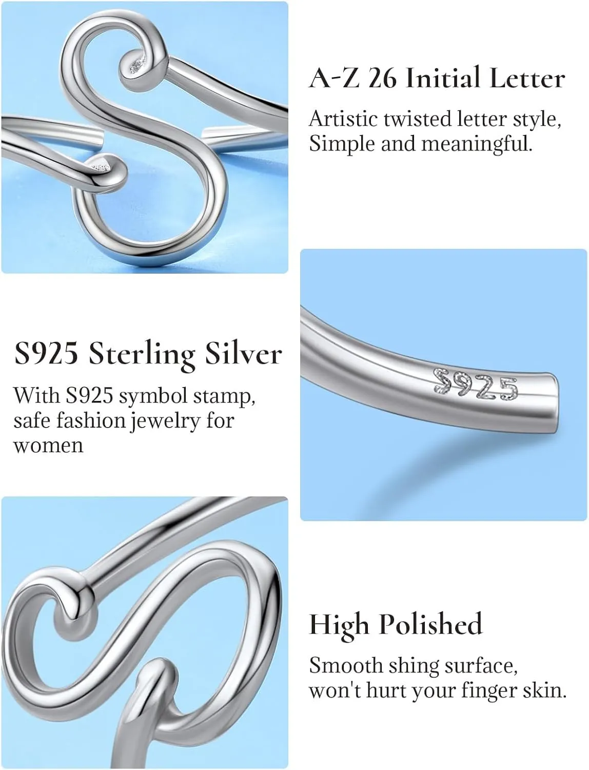 SILVERCUTE S925 Initial Rings, Adjustable Size 6-12 Statement Alphabet Letter A-Z Jewelry Personalized Twisted Initials Rings Sterling Silver Stacking Ring for Women