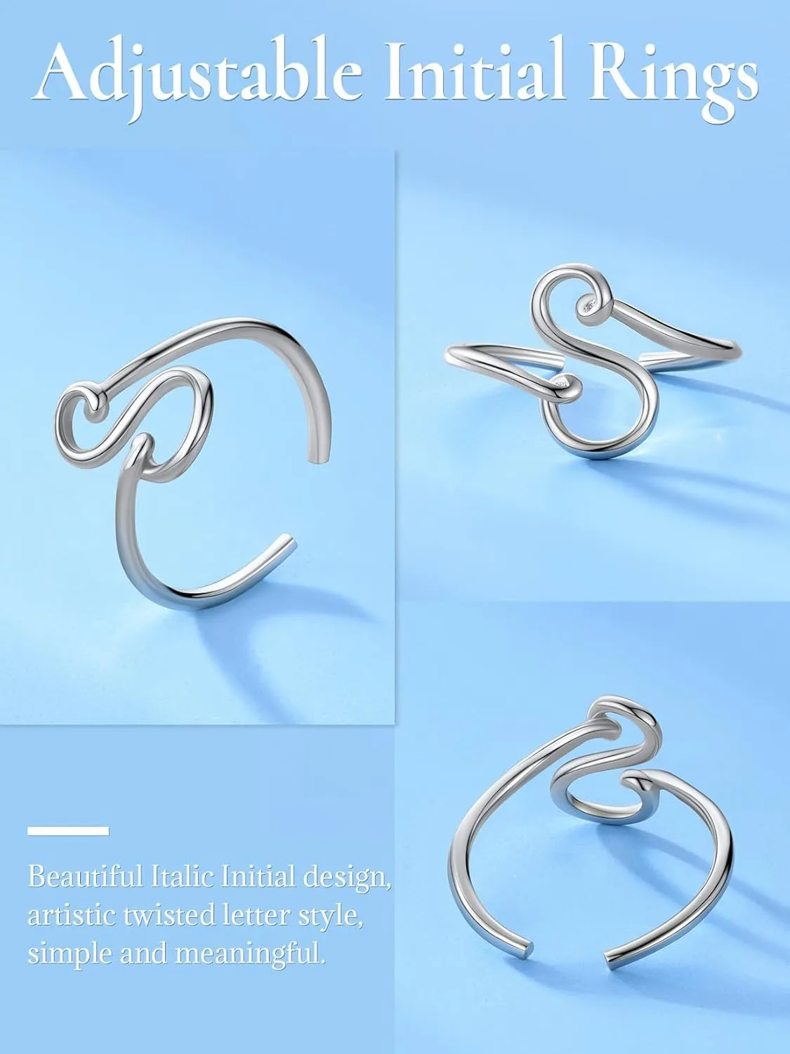 SILVERCUTE S925 Initial Rings, Adjustable Size 6-12 Statement Alphabet Letter A-Z Jewelry Personalized Twisted Initials Rings Sterling Silver Stacking Ring for Women