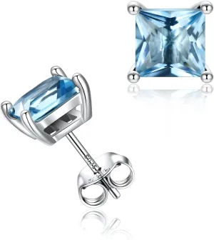 Silvora 925 Sterling Silver Princess Cut Sparkling Birthstone Stud Earrings for Women, Come with Box