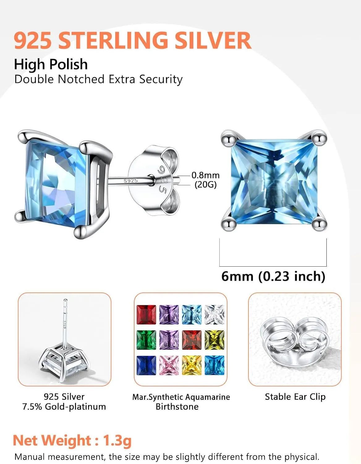 Silvora 925 Sterling Silver Princess Cut Sparkling Birthstone Stud Earrings for Women, Come with Box