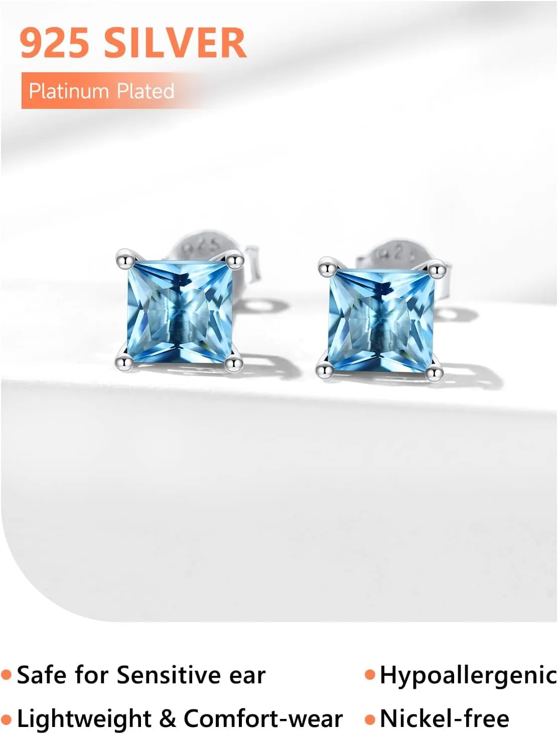 Silvora 925 Sterling Silver Princess Cut Sparkling Birthstone Stud Earrings for Women, Come with Box