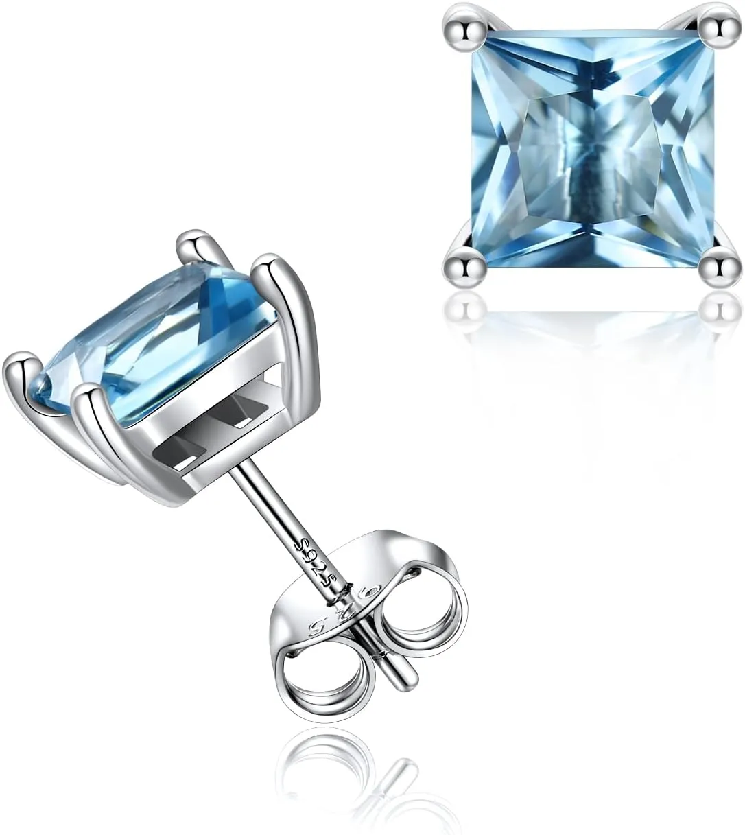 Silvora 925 Sterling Silver Princess Cut Sparkling Birthstone Stud Earrings for Women, Come with Box