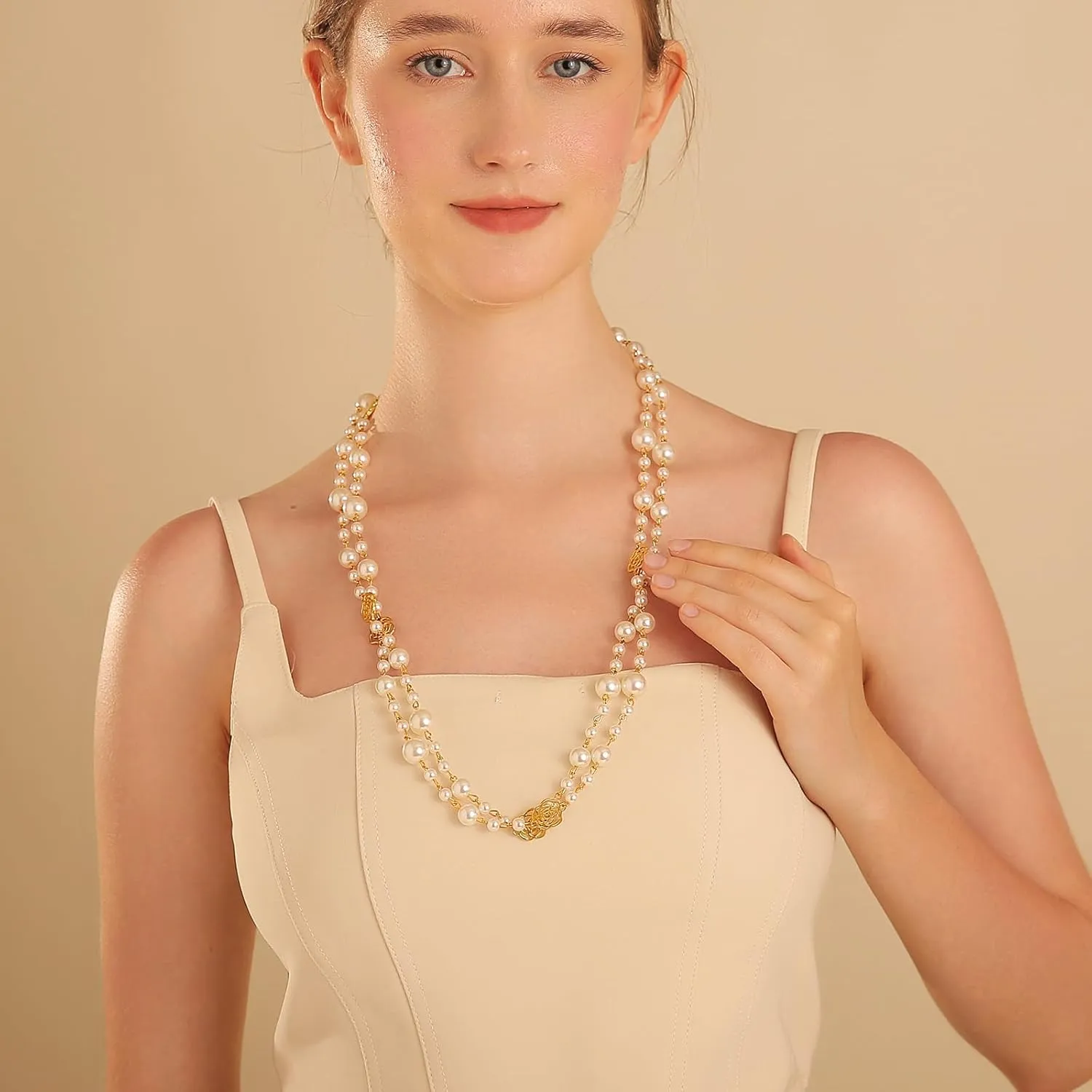 Simulated Pearl Strand Layered Necklace for Women, Multi Strand Long Necklace, Dainty Sweater Necklace for Party Costume Jewelry
