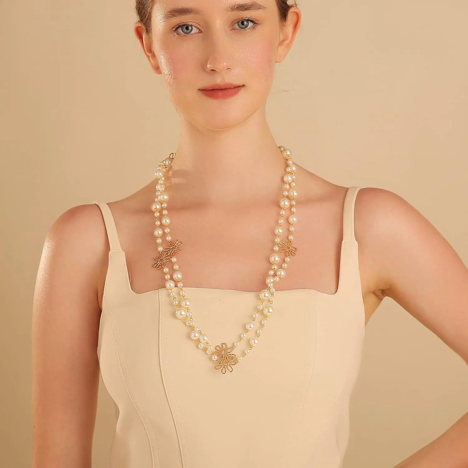 Simulated Pearl Strand Layered Necklace for Women, Multi Strand Long Necklace, Dainty Sweater Necklace for Party Costume Jewelry