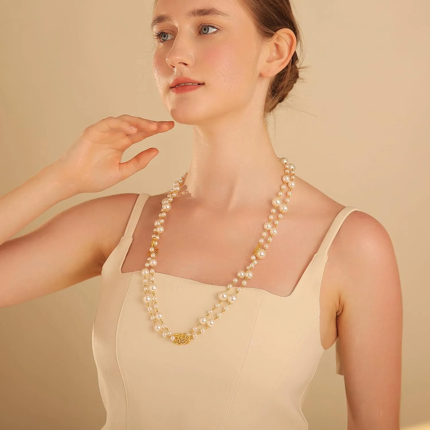 Simulated Pearl Strand Layered Necklace for Women, Multi Strand Long Necklace, Dainty Sweater Necklace for Party Costume Jewelry