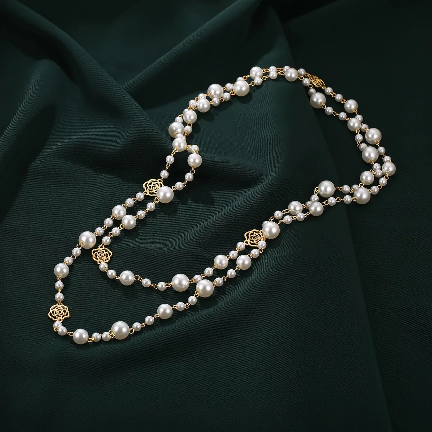 Simulated Pearl Strand Layered Necklace for Women, Multi Strand Long Necklace, Dainty Sweater Necklace for Party Costume Jewelry