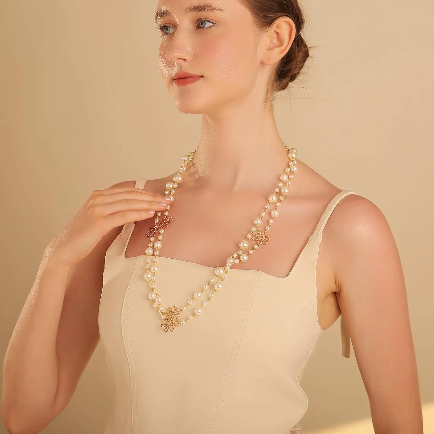 Simulated Pearl Strand Layered Necklace for Women, Multi Strand Long Necklace, Dainty Sweater Necklace for Party Costume Jewelry