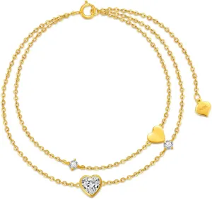 SISGEM 14K Real Gold Hearts Beaded Bracelets for Women,Yellow Gold Love Bracelet Three Hearts Jewerly Gifts for Birthday Christmas 6.5 2 inch