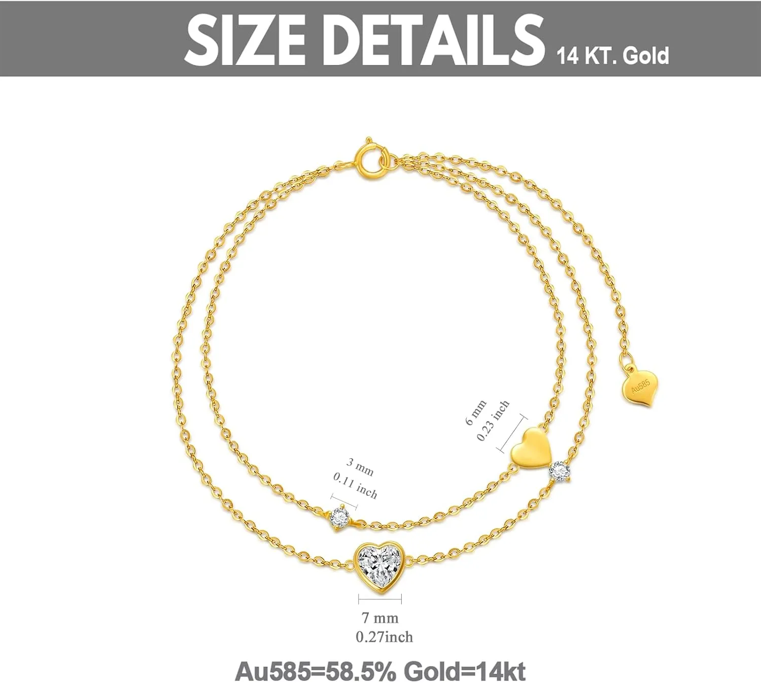SISGEM 14K Real Gold Hearts Beaded Bracelets for Women,Yellow Gold Love Bracelet Three Hearts Jewerly Gifts for Birthday Christmas 6.5 2 inch