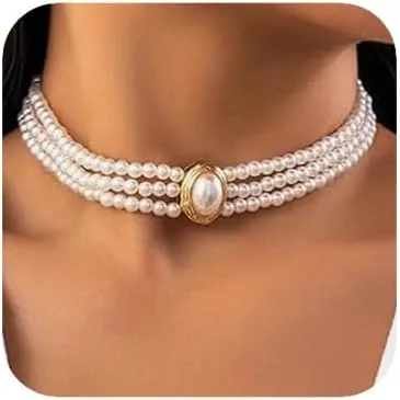 Sither 3 Layers Pearls Choker Necklace for Women Boho Pearls Chain Necklace Fashion Jewelry for Halloween Party Christmas Gift