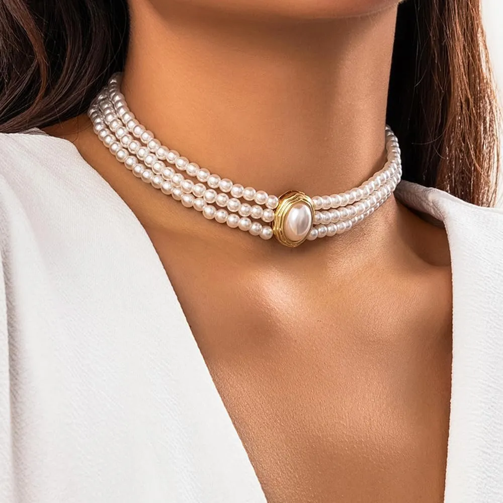 Sither 3 Layers Pearls Choker Necklace for Women Boho Pearls Chain Necklace Fashion Jewelry for Halloween Party Christmas Gift